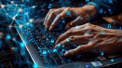 Hands typing on laptop with blue cybersecurity network overlay.