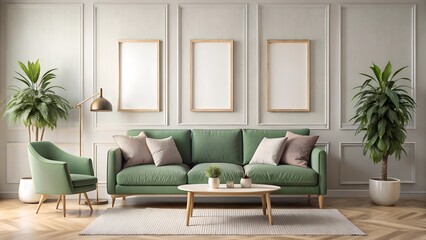 Mock-up frame in cozy light grey home interior background with green sofa and three frames.3d render
