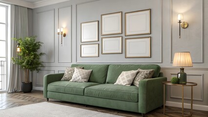 Mock-up frame in cozy light grey home interior background with green sofa and three frames.3d render
