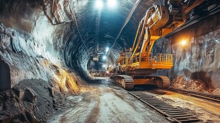 Naklejka premium industrial underground construction scene with massive tunnel boring machine surrounded by raw excavated materials and engineering equipment