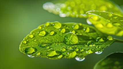 Green leaf with many water droplets on surface, blurred background.