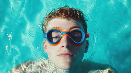 Naklejka premium Young Swimmer with Colorful Goggles Floating in Pool Water