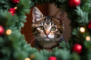 Fototapeta premium cute cat peers behind festive holiday