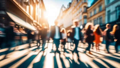 Blurred people in motion on bright sunny street. 