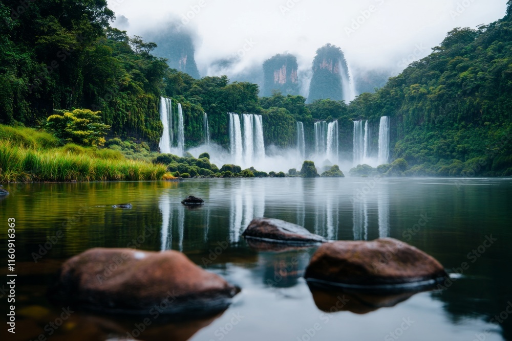 Poster a serene evening scene of iguazãº falls, with soft light and shadows creating a tranquil, dreamlike 