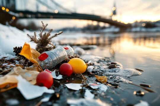 A serene nature scene ruined by litter, with passersby walking by without acknowledging the problem