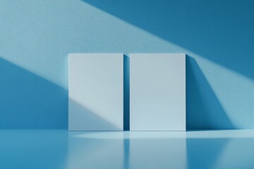 Obraz premium Two blank canvases on a blue background showcasing soft shadows and minimalistic design elements