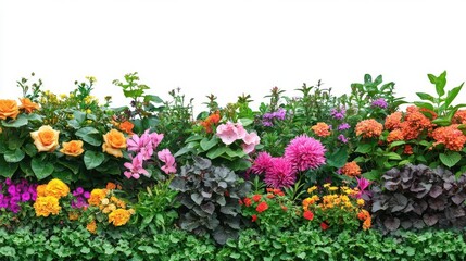 Fototapeta premium lush garden border with vibrant mixed flowers, ornamental shrubs, and textured foliage creating natural frame design element on white
