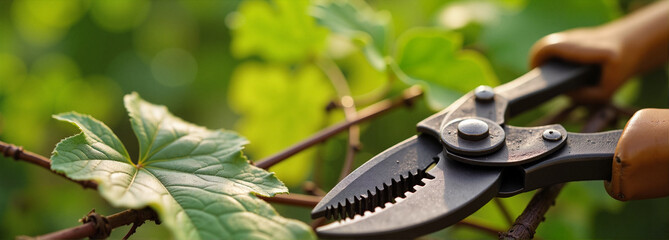 Close-up of grapevine pruning with shears in bright sunlight