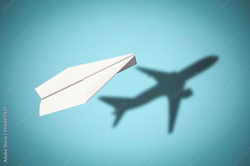 Aufkleber Paper airplane with airplane shadow on light blue gradient background. 3D Rendering