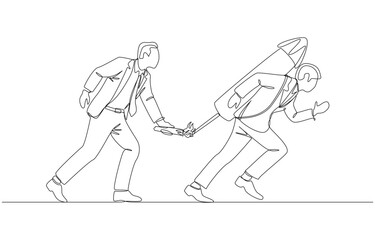 Continuous one line drawing of businessman helping young employee run faster by lighting huge firework, providing support to enhance skills for rapid career advancement concept, single line art