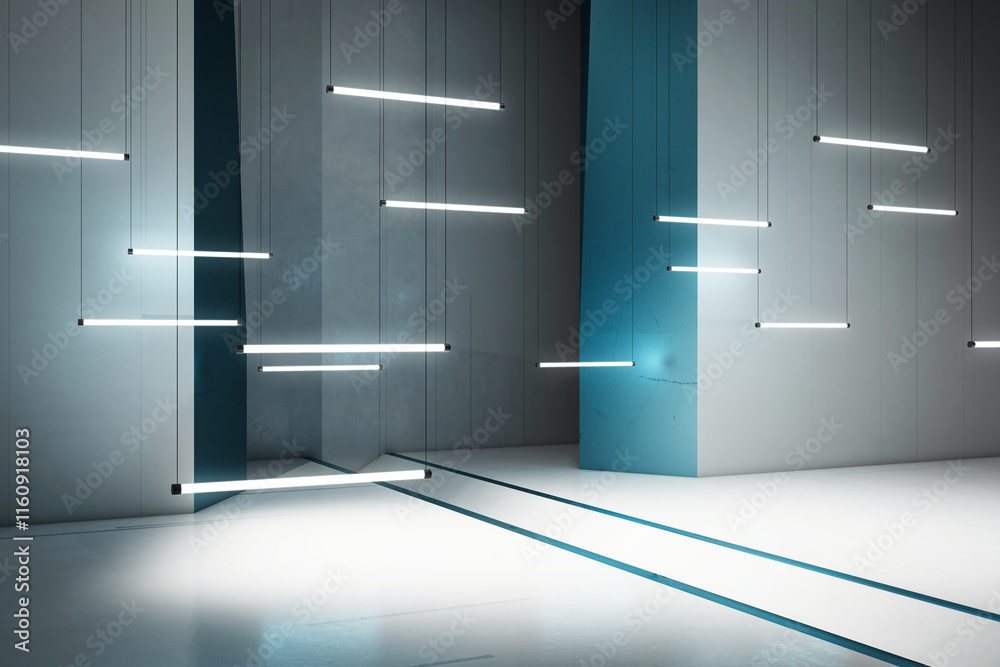 Poster modern interior with hanging neon lights and clean architecture in a contemporary showroom space. 3d