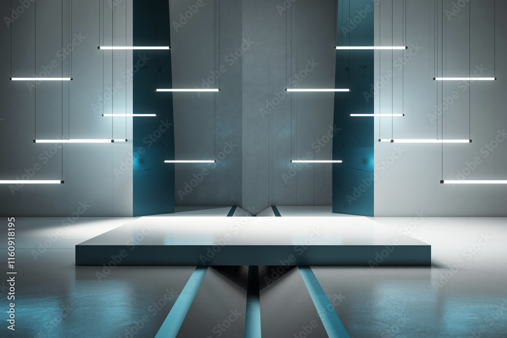 Poster modern interior with suspended lights and raised platform in a futuristic industrial space. 3d rende