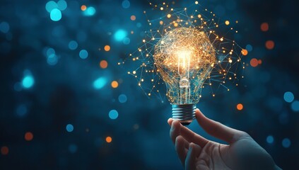 A hand holding a light bulb with a digital network connection and a technology background, conceptualizing innovation, creativity, ideas, and business inspiration.