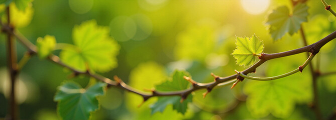 Close-up of fresh grapevine leaves glowing in sunlight