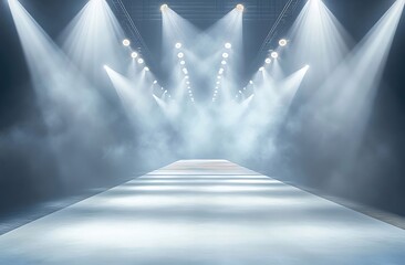 Empty runway with bright spotlights and fog, ready for a fashion show or presentation.
