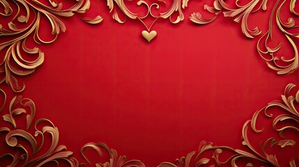 Elegant Red Background with Golden Floral Swirls and Heart Shape Design Perfect for Romantic Occasions and Celebratory Events