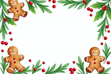 watercolor frame features green branches gingerbread cookies red berries white background holiday decoration