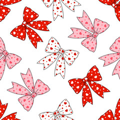 Valentine coquette bow heart seamless pattern, Red pink white holiday ribbon printable repeat digital paper background wallpaper 