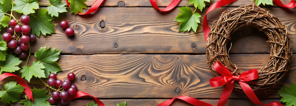 Grapevine wreath with red ribbon on a rustic wooden table - Powered by Adobe