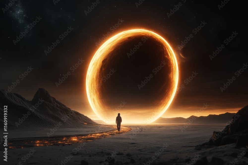 Aufkleber a surreal image of a person standing on a bridge made of light, stretching into the cosmos, represen