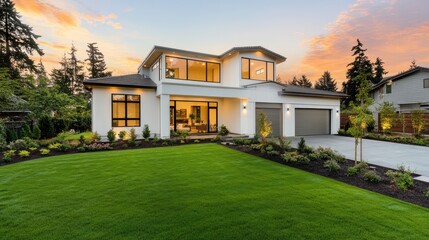 Fototapeta premium Modern architectural design of a beautiful home surrounded by greenery and vibrant landscaping at sunset in a tranquil neighborhood setting