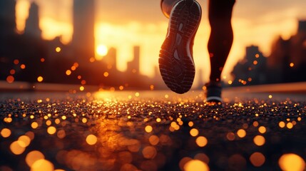 Runner in Athletic Gear Running on Street at Sunset with City Background