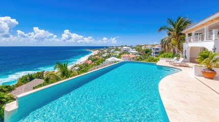 Stunning Oceanfront Villa with Infinity Pool Overlooking Vibrant Blue Sea and Scenic Coastal Landscape Under Clear Sunny Skies