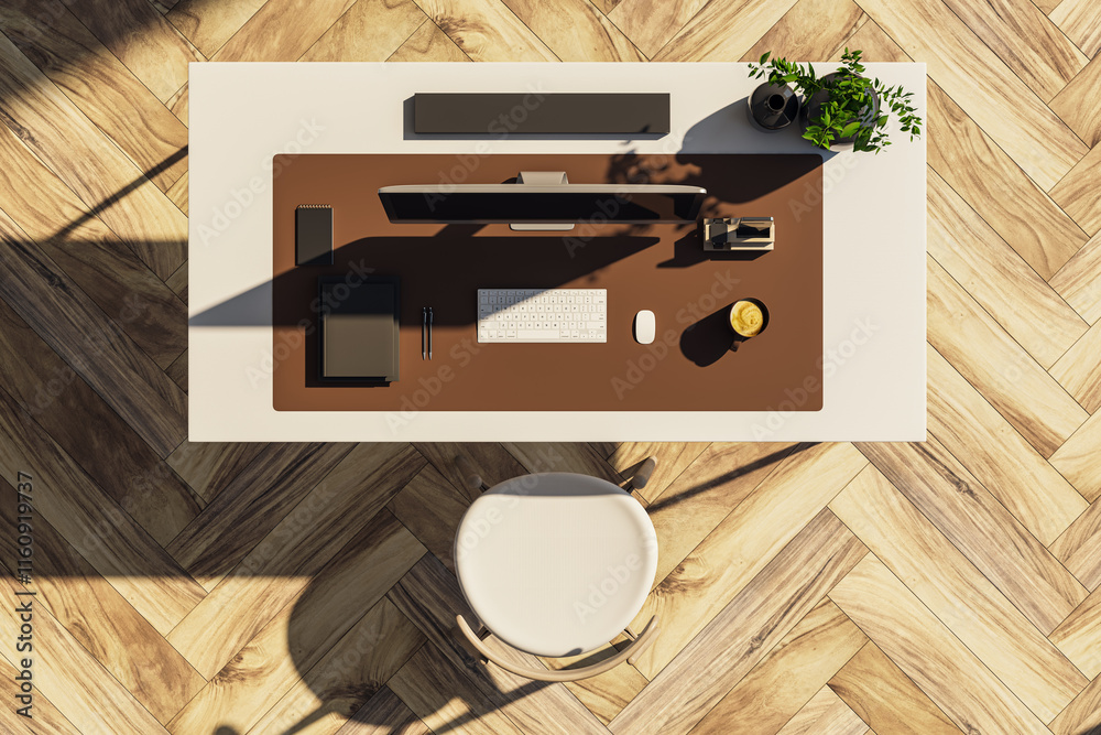 Poster modern workspace with computer, tools, and coffee cup on wooden desk in sunlight. 3d rendering
