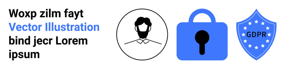 Avatar symbolizing user, blue lock indicating security, and GDPR shield highlighting data protection. Ideal for security apps, privacy policies, website footers, data compliance, user authentication