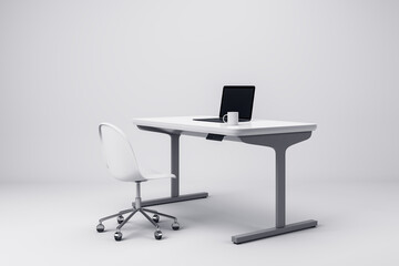 Modern workspace with a white desk, laptop, and chair on light background. 3D Rendering