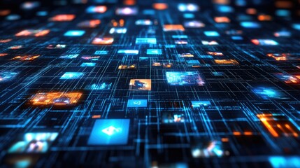 Dynamic Digital Network with Colorful Data Icons Representing Connectivity, Technology, and Information Flow in a Vibrant Abstract Background