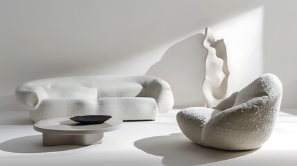 White sofa, sleek chair, and simple table on a pure white surface --ar