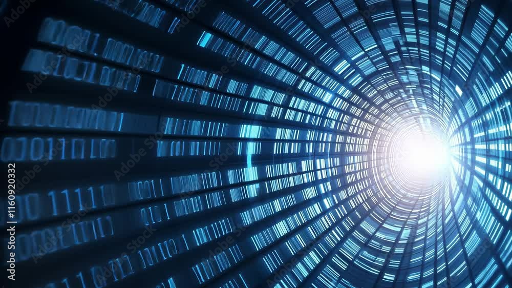Poster abstract digital tunnel of light with binary code and futuristic elements