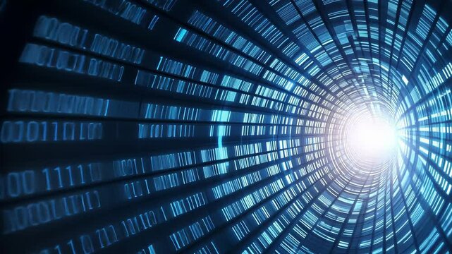 Abstract Digital Tunnel of Light with Binary Code and Futuristic Elements