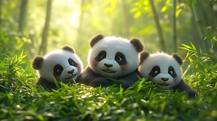 Fototapeta premium Three adorable baby pandas nestled together in lush green bamboo forest.