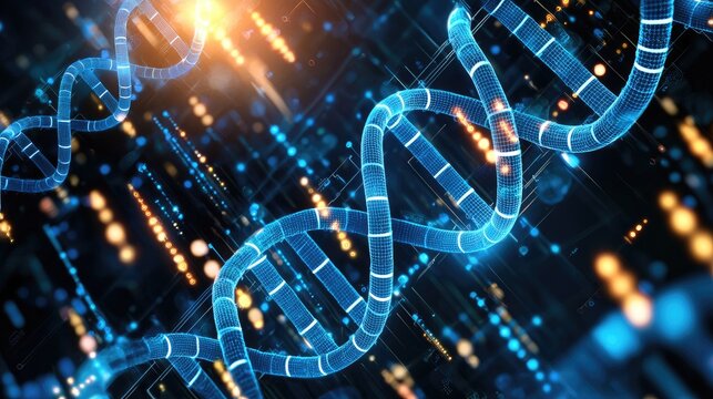 Futuristic Digital DNA Helix Structure with Glowing Particles and Background Data Streams Representing Genetic Technology and Bioinformatics Innovations