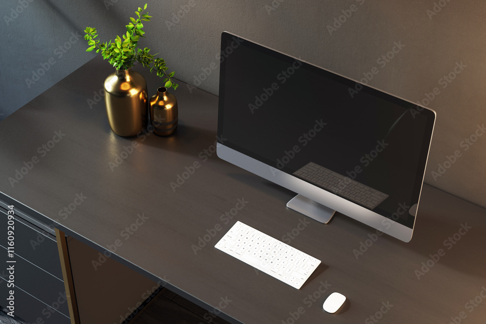 Poster Modern desktop setup with a sleek computer, keyboard, and mouse on a dark wooden desk with golden vases and greenery. 3D Rendering