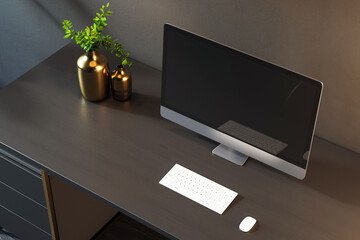 Modern desktop setup with a sleek computer, keyboard, and mouse on a dark wooden desk with golden vases and greenery. 3D Rendering