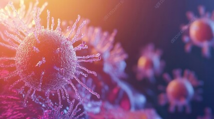 macro view of diverse microbes, highlighting intricate details of virus cells and bacteria on an abstract, visually stimulating background, emphasizing the world of the microscopic