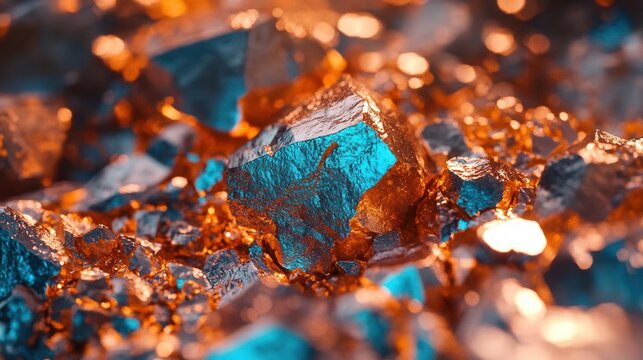 macro photography of raw copper ore showing rich mineral textures and natural patterns, industrial mining resource close-up with metallic details