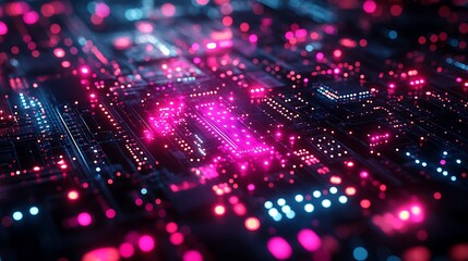 Futuristic Circuit Board Illuminated by Radiant Pink Glow Photo
