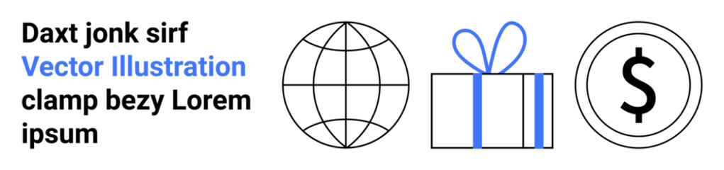 Text next to three minimalistic icons representing a globe, a gift box with a blue ribbon, and a dollar sign. Ideal for global commerce, online transactions, banking, finance, gifting, e-commerce