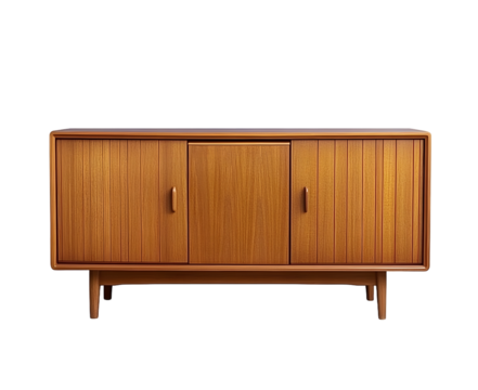 Vintage teak credenza with tambour doors. Mid-century modern furniture. No background png.