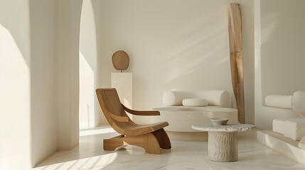 Wooden Chair, Marble Table, and Soft Sofa in Bright White Room  
