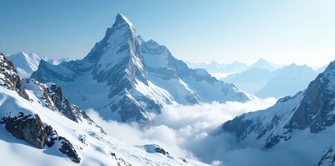 Fototapeta premium Misty veil shrouds majestic snowy mountain summit, serene, mountains