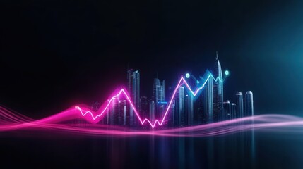 Futuristic city skyline with vibrant data visualization elements.