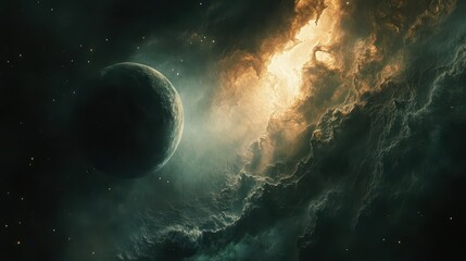 Obraz premium majestic alien planet rising over mysterious nebula cloud formation with glowing stars and swirling cosmic dust in deep space background