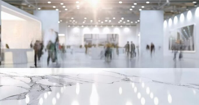 empty white luxury tabletop for product display presentation dais stage podium platform in business tradeshow trade fair booth exhibition hall. seamless loop, looping, time laps