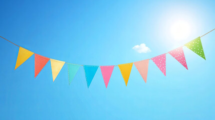 Fototapeta premium Colorful vintage bunting fluttering in breeze against bright sky